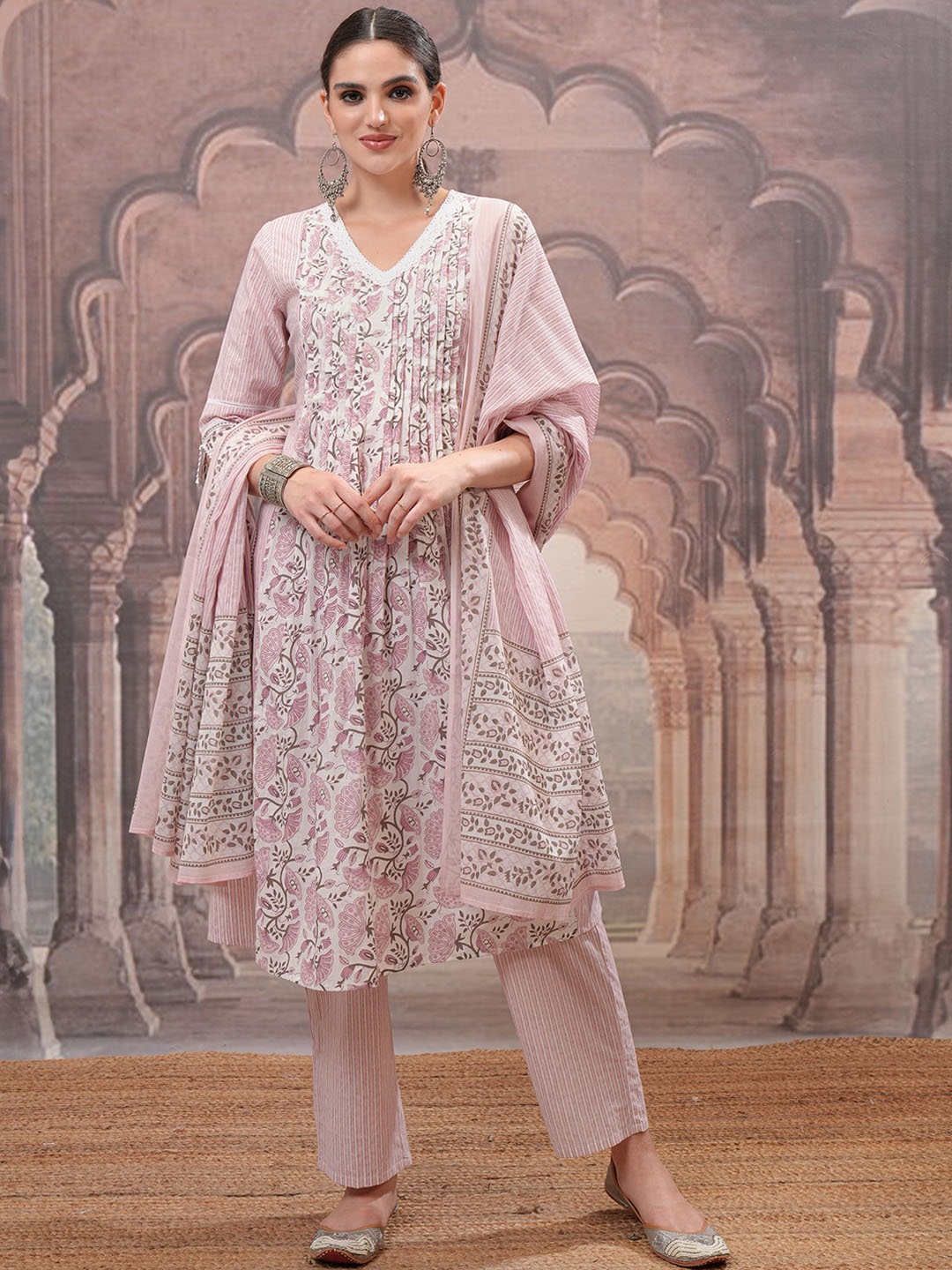 

Vishudh Pink Floral Printed Pure Cotton Straight Kurta with Trouser & Dupatta