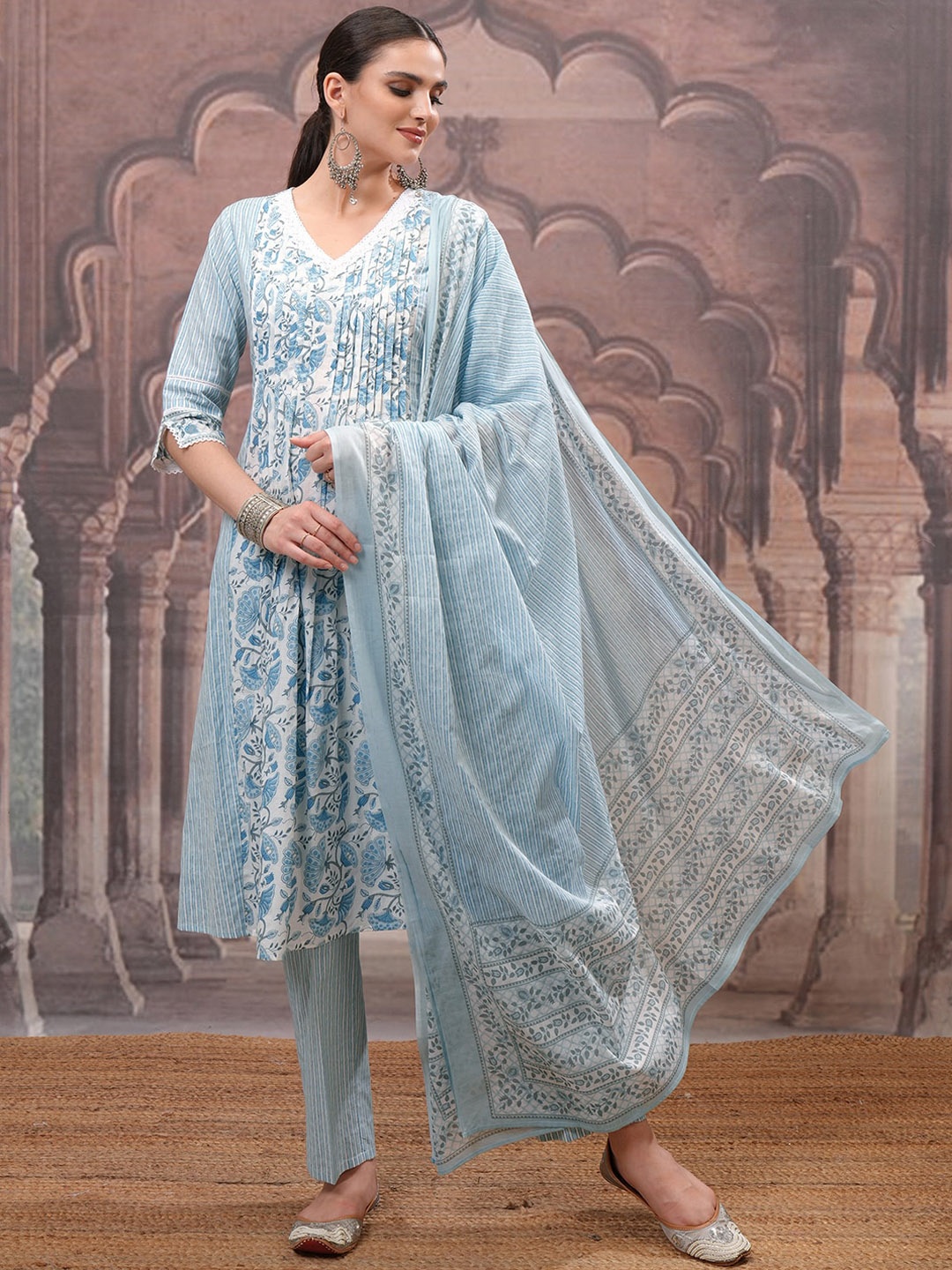 

Vishudh Blue Floral Printed Pure Cotton Straight Kurta with Trouser & Dupatta