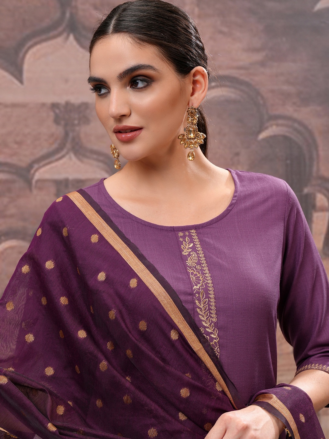 

Vishudh Purple Embroidered Round Neck Straight Kurta with Trouser & Dupatta
