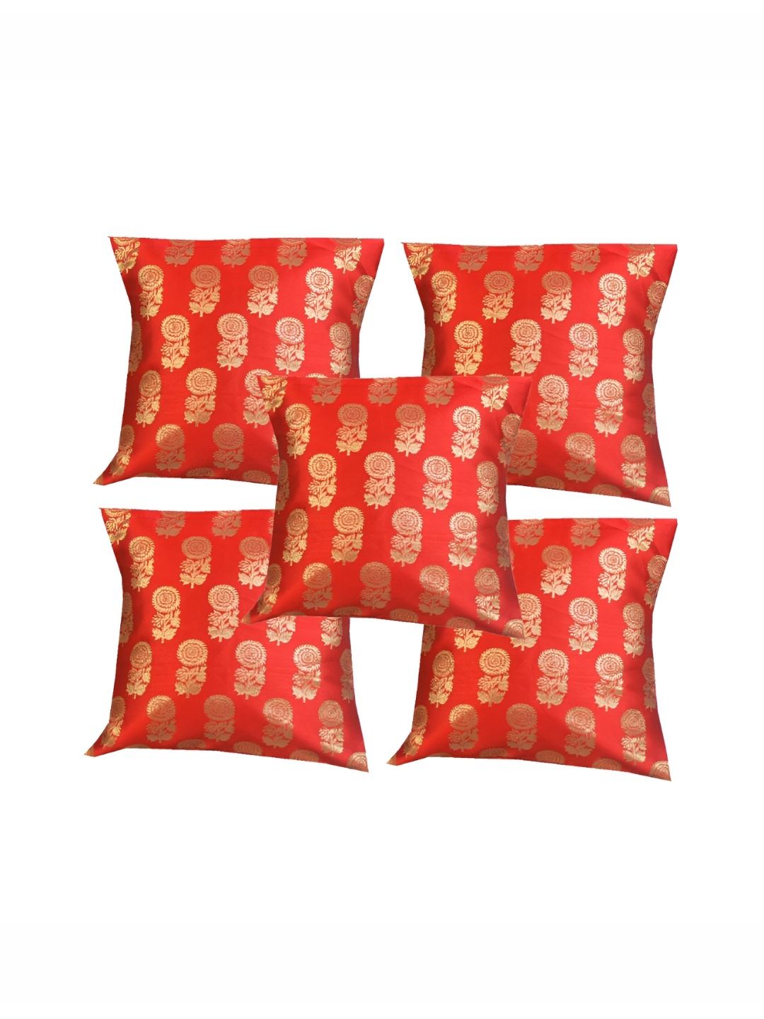 

Pink Parrot Red & Gold-Toned 5 Pcs Floral Square Cushion Covers