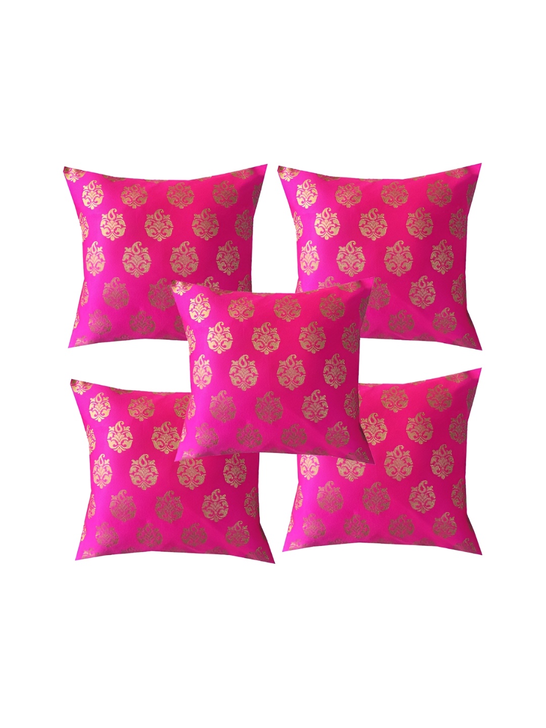 

Pink Parrot Pink & Gold Toned 5 Pieces Ethnic Motifs Zari Square Cushion Covers