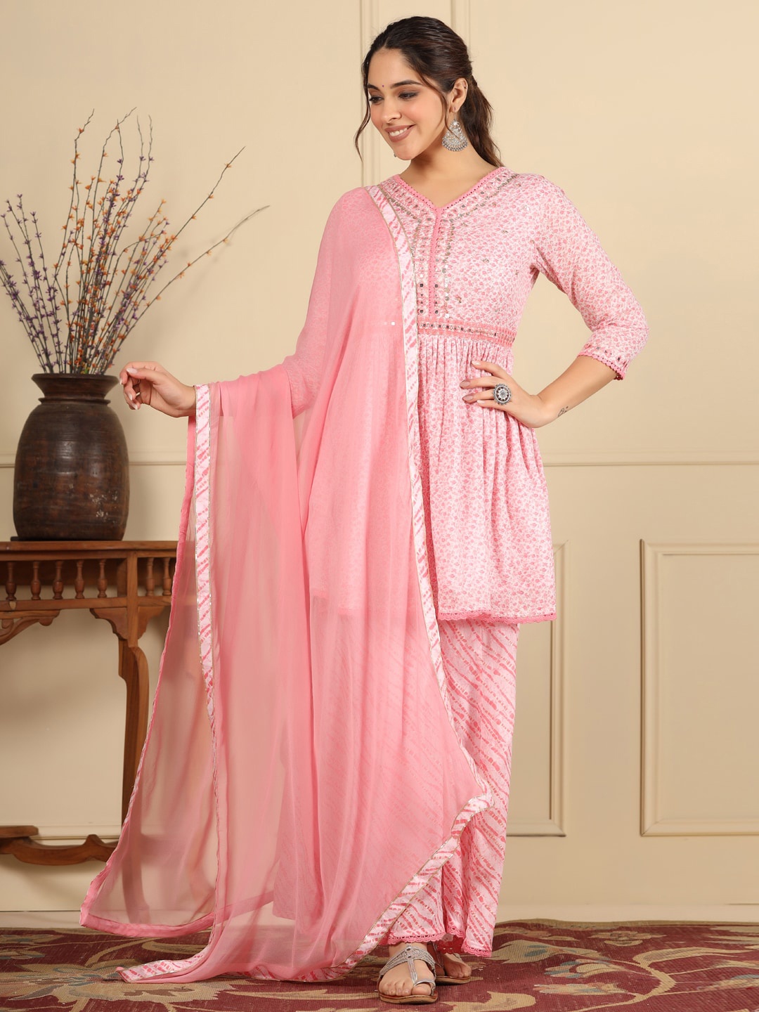 

Readiprint Fashions Floral Printed Mulmul Cotton A-Line Kurta With Palazzos & Dupatta, Pink