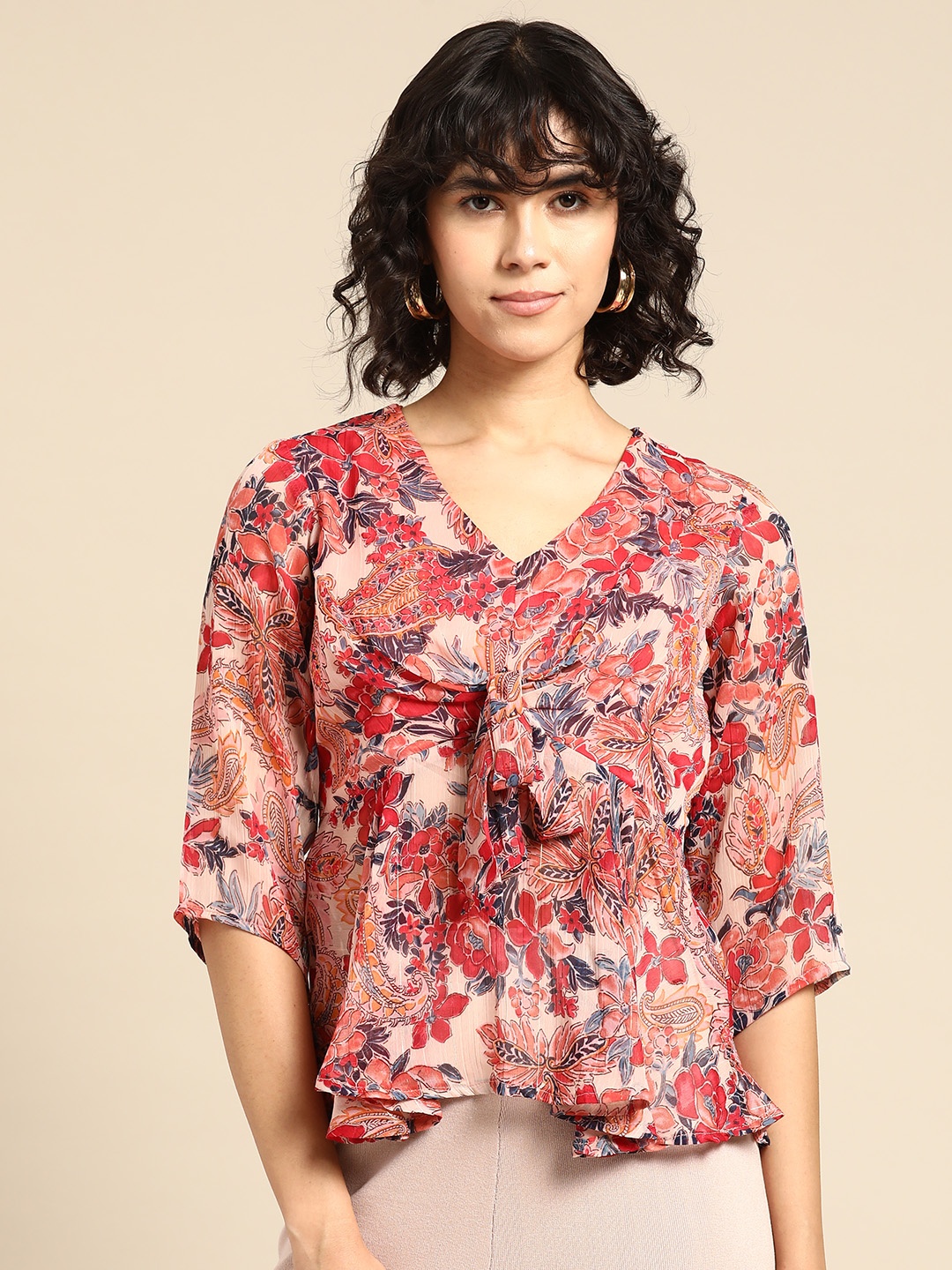 

WoowZerz Floral Print Twisted Chiffon Peplum Top, Pink
