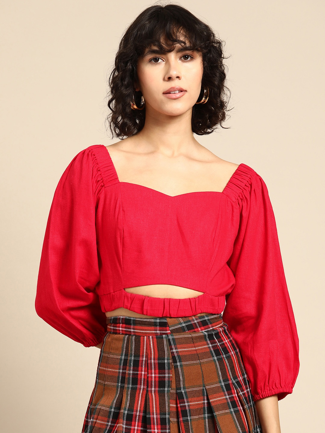 

WoowZerz Sweetheart Neck Puff Sleeves Cotton Cinched Waist Crop Top, Red