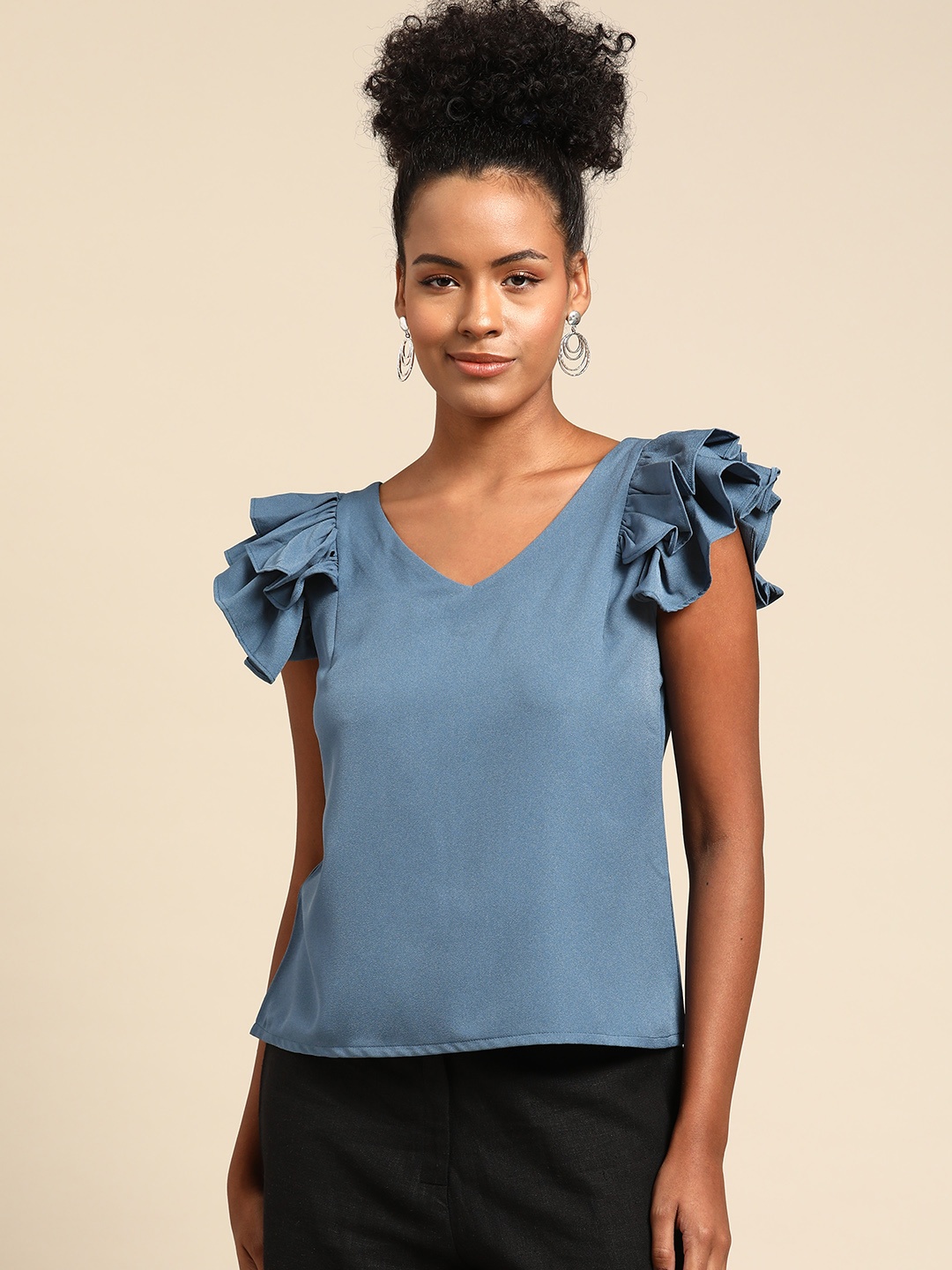 

WoowZerz Flutter Sleeves Crepe Top, Blue