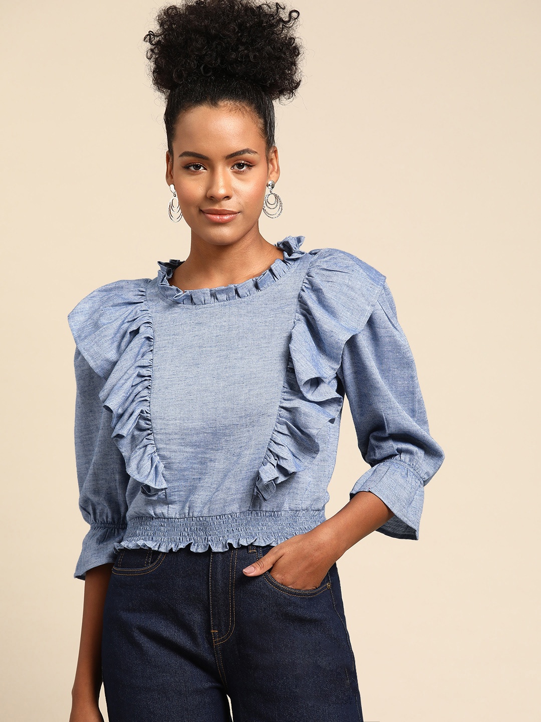 

WoowZerz Puff Sleeves Ruffles Smocked Cotton Top, Blue
