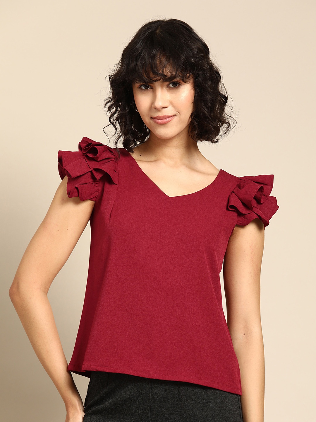 

WoowZerz Flutter Sleeves Crepe Top, Red