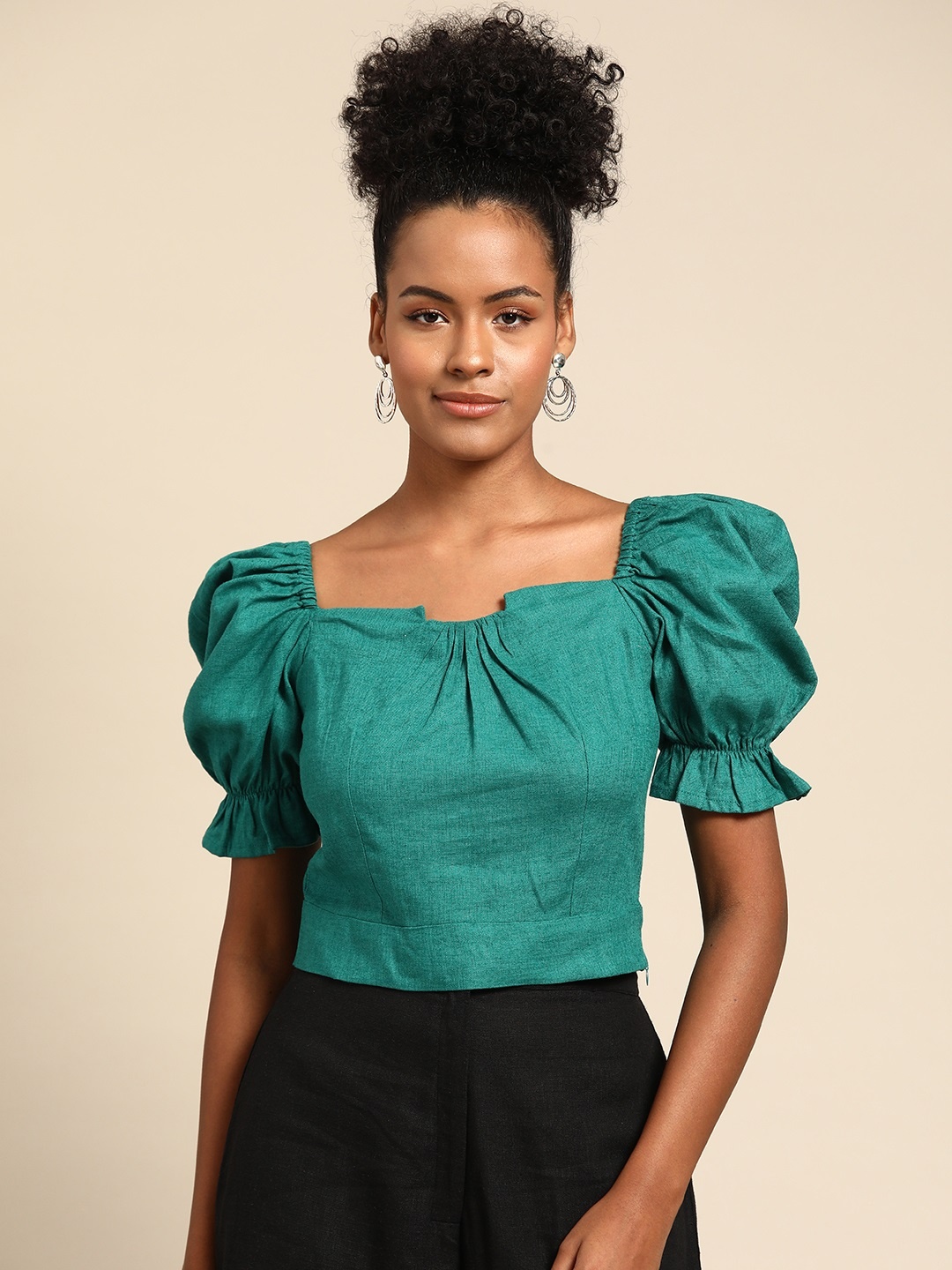 

WoowZerz Puff Sleeves Cotton Blouson Crop Top, Green