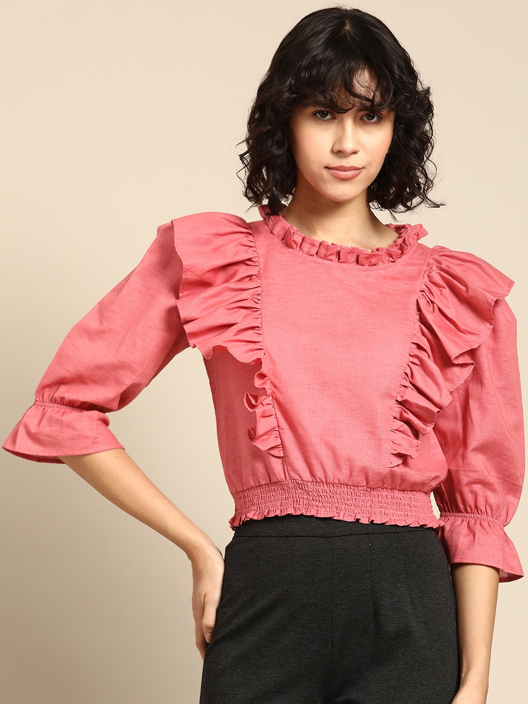 

WoowZerz Bell Sleeves Ruffles Smocked Cotton Crop Top, Coral