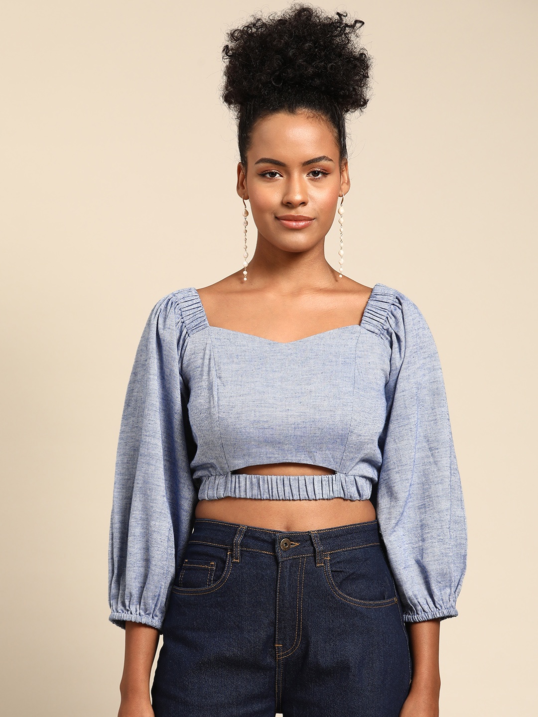 

WoowZerz Sweetheart Neck Puff Sleeves Cotton Cinched Waist Crop Top, Blue