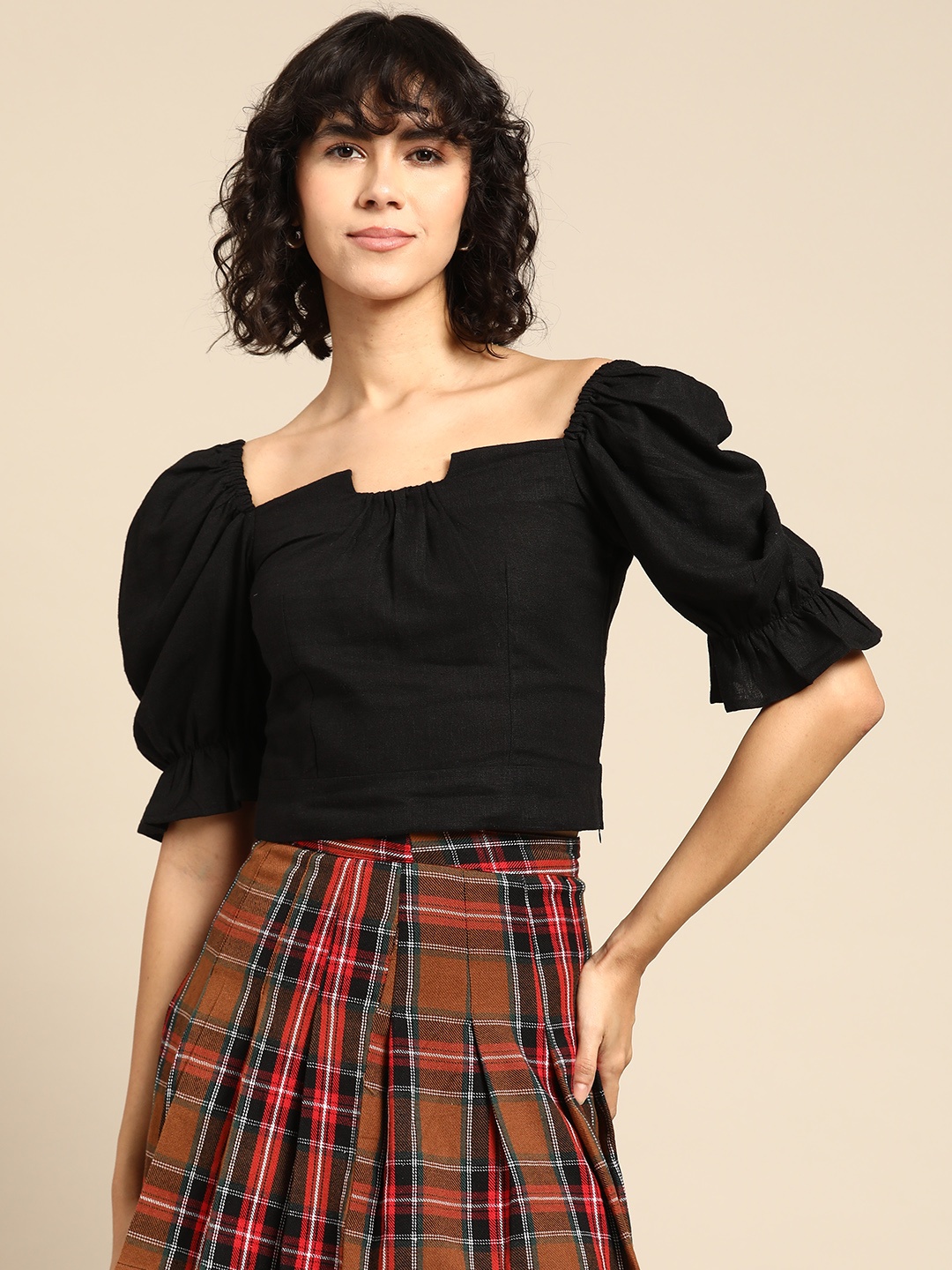 

WoowZerz Puff Sleeves Cotton Blouson Crop Top, Black