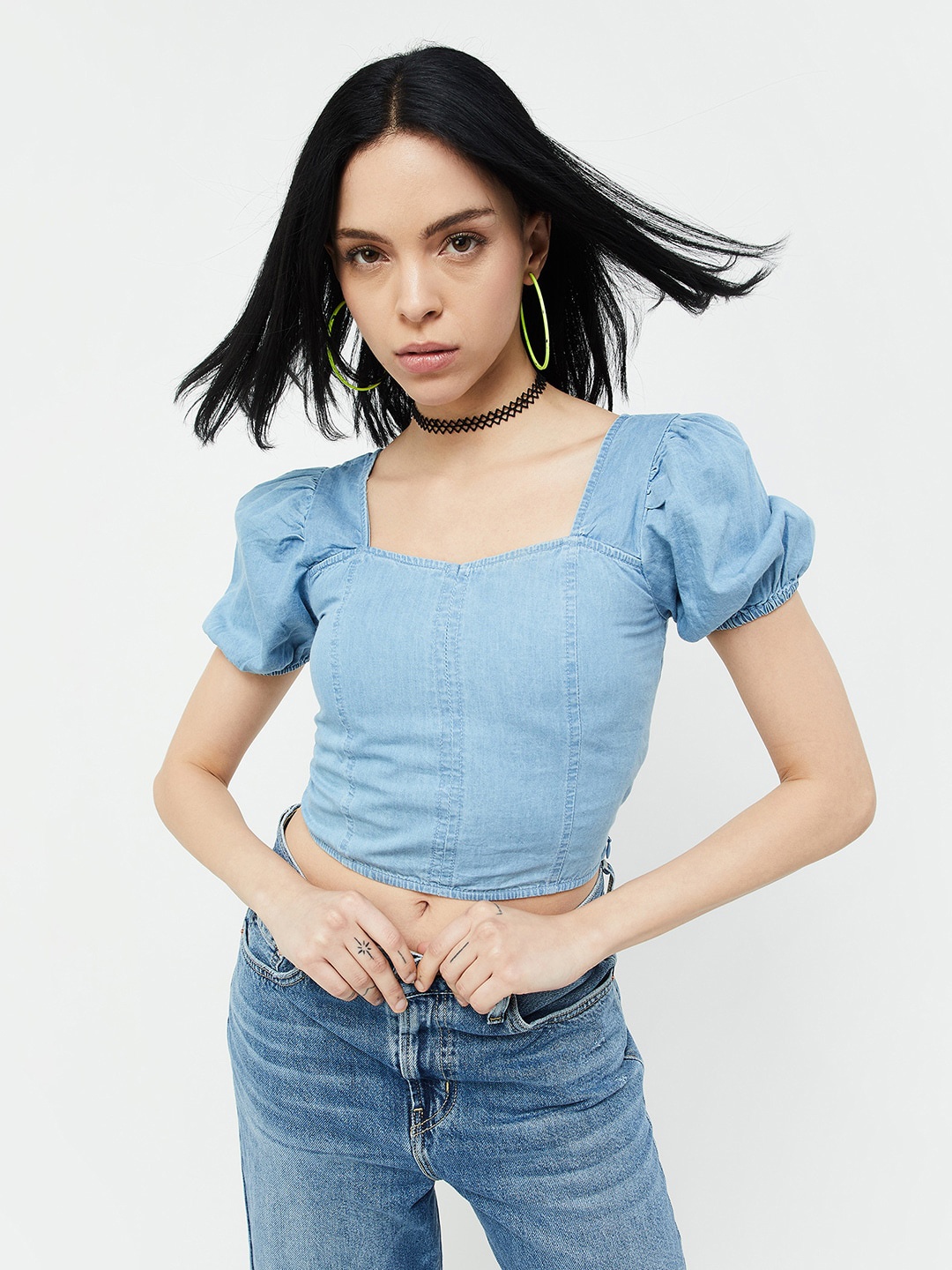 

Ginger by Lifestyle Puff Sleeve Cotton Crop Top, Blue