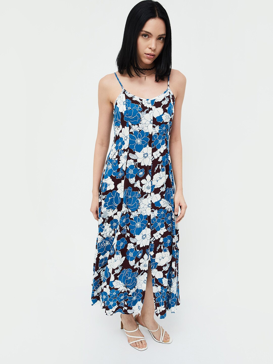 

Ginger by Lifestyle Shoulder Straps Floral Print A-Line Midi Dress, Navy blue