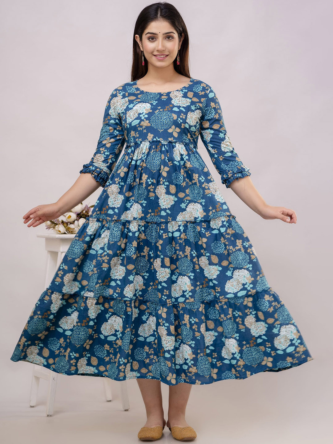 

VARICOS Women Floral Printed Flared Sleeves Thread Work Maternity Kurta, Blue