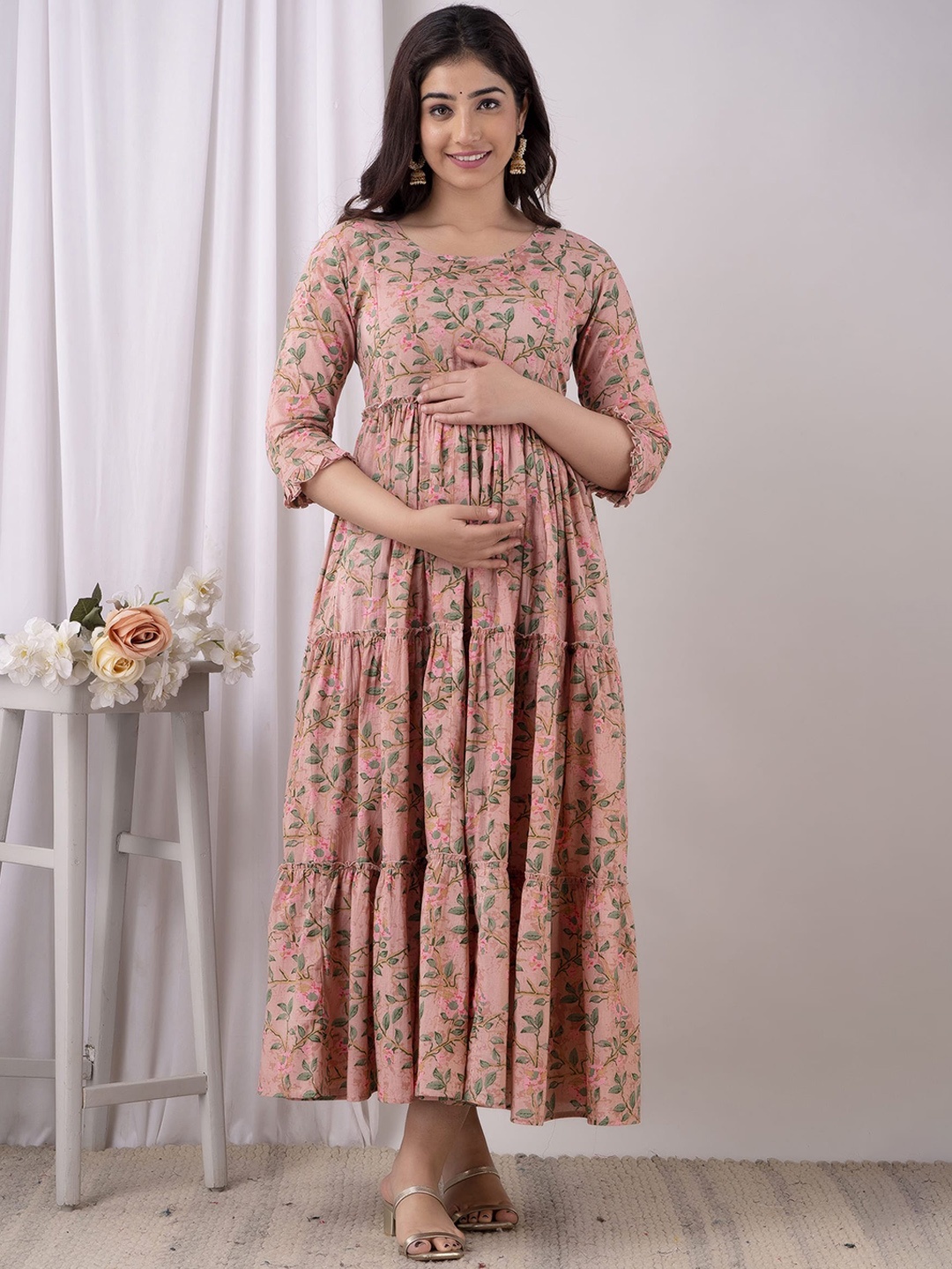 

VARICOS Women Floral Printed Maternity Anarkali Kurta, Beige