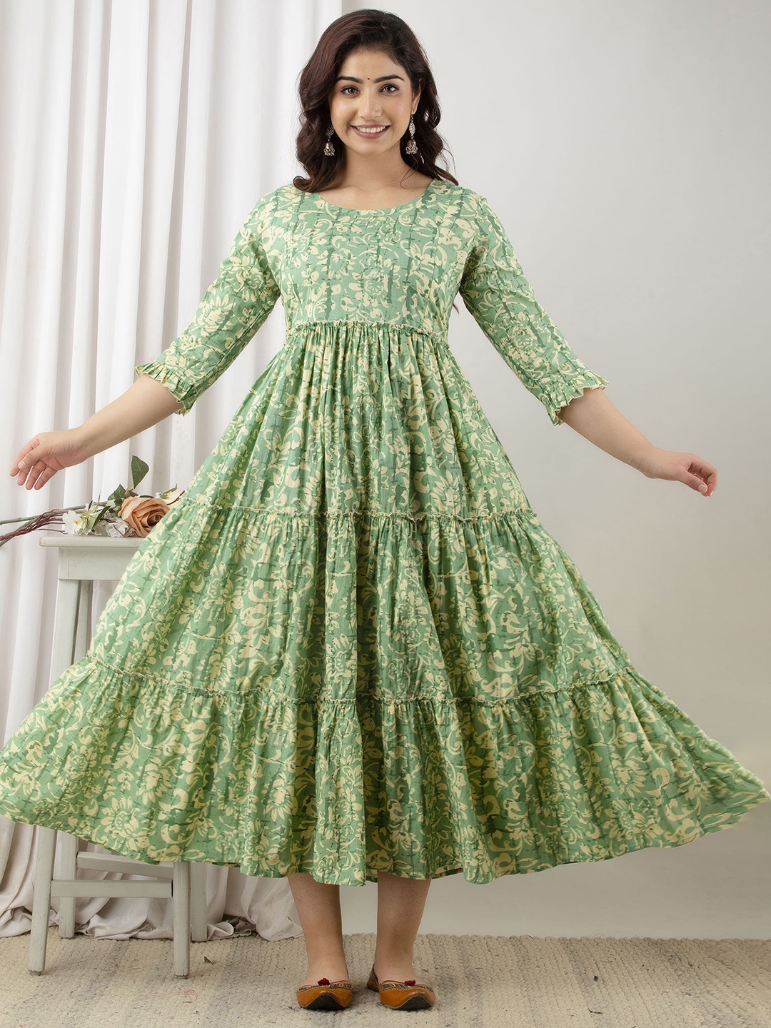 

VARICOS Women Ethnic Motifs Yoke Design Mirror Work Maternity Anarkali Kurta, Green