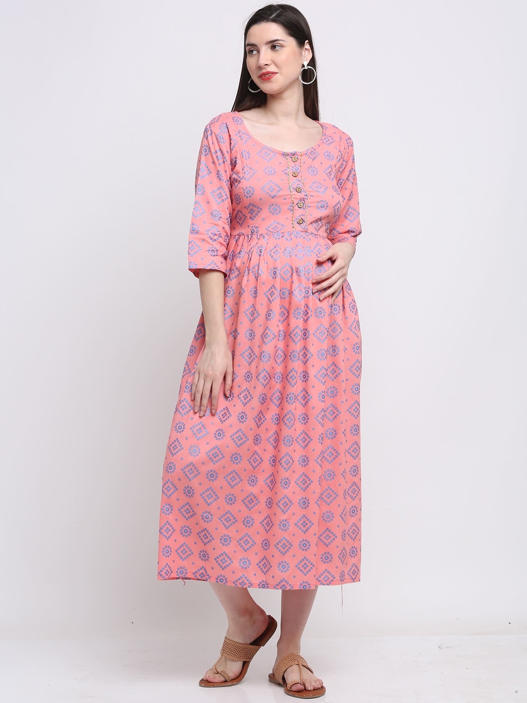 

VARICOS Women Ethnic Motifs Printed Flared Sleeves Maternity Kurta, Pink
