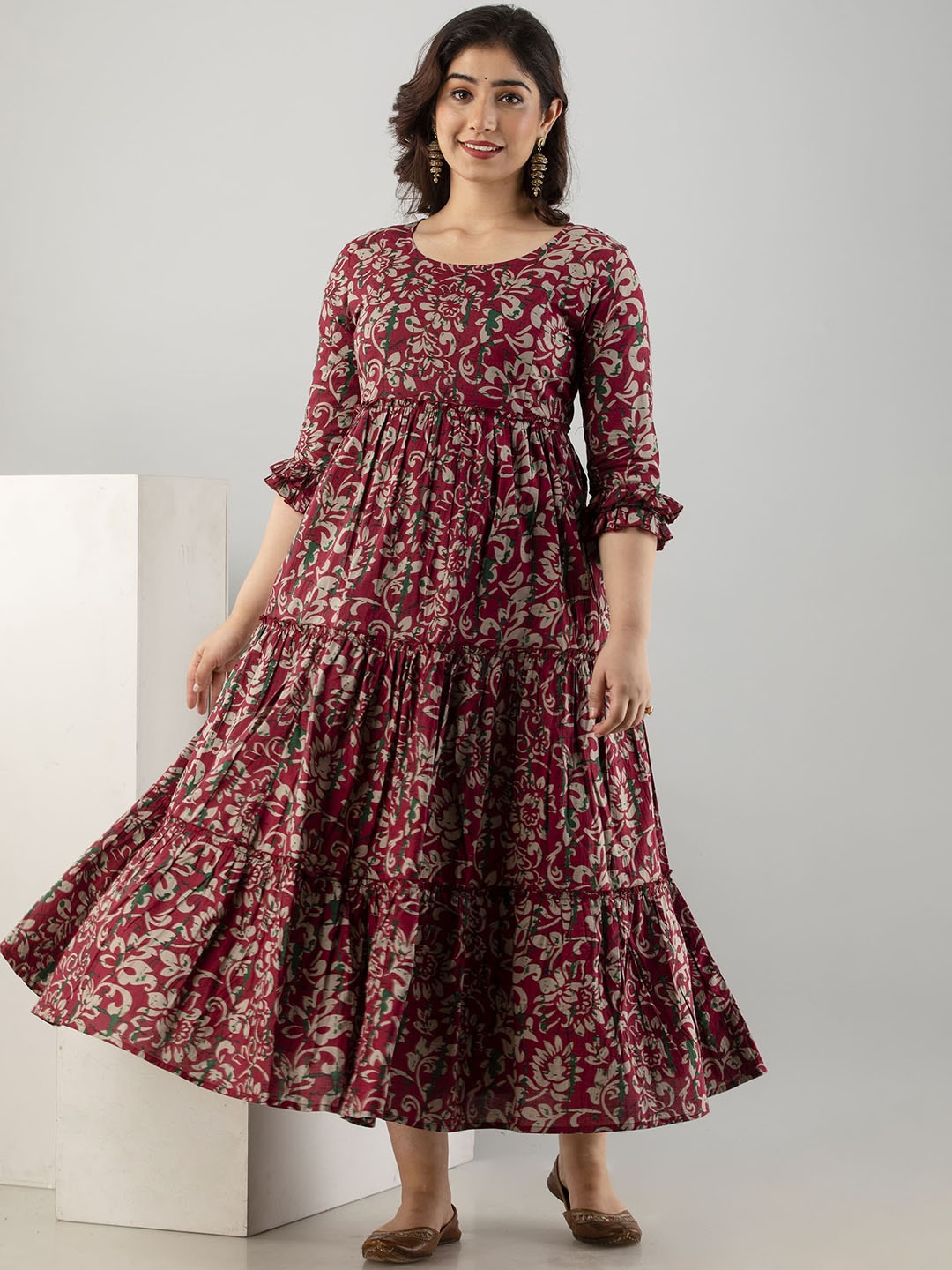 VARICOS Women Floral Printed Thread Work Maternity Anarkali Kurta, Maroon