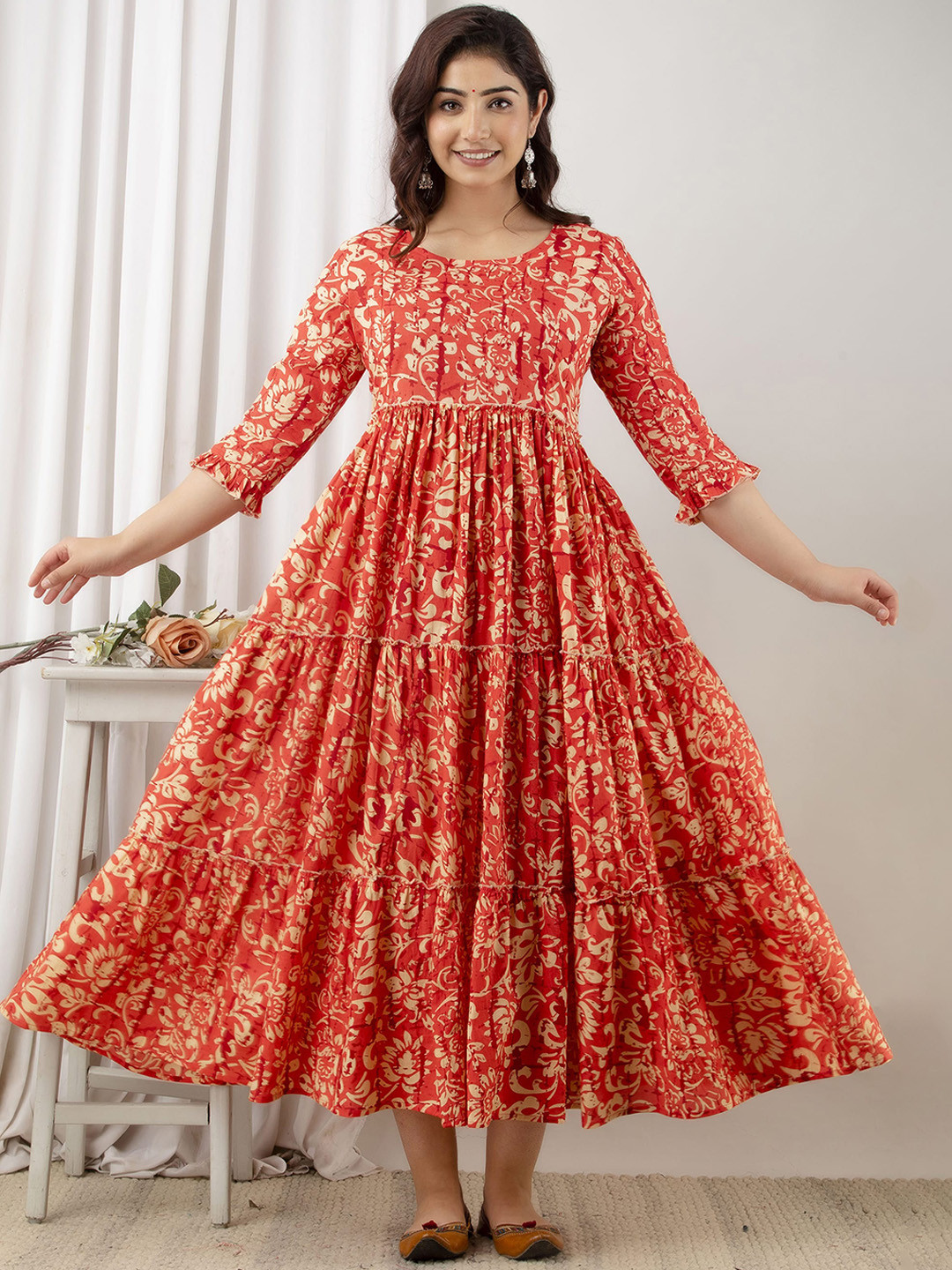 

VARICOS Women Floral Printed Flared Sleeves Mirror Work Maternity Anarkali Kurta, Orange