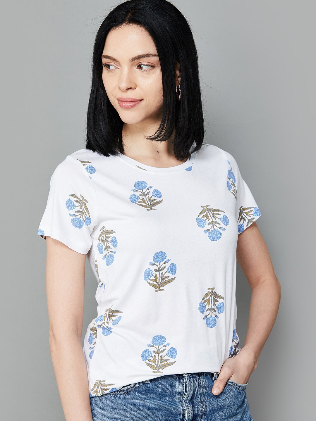 

Colour Me by Melange Women Floral Printed Tropical T-shirt, White