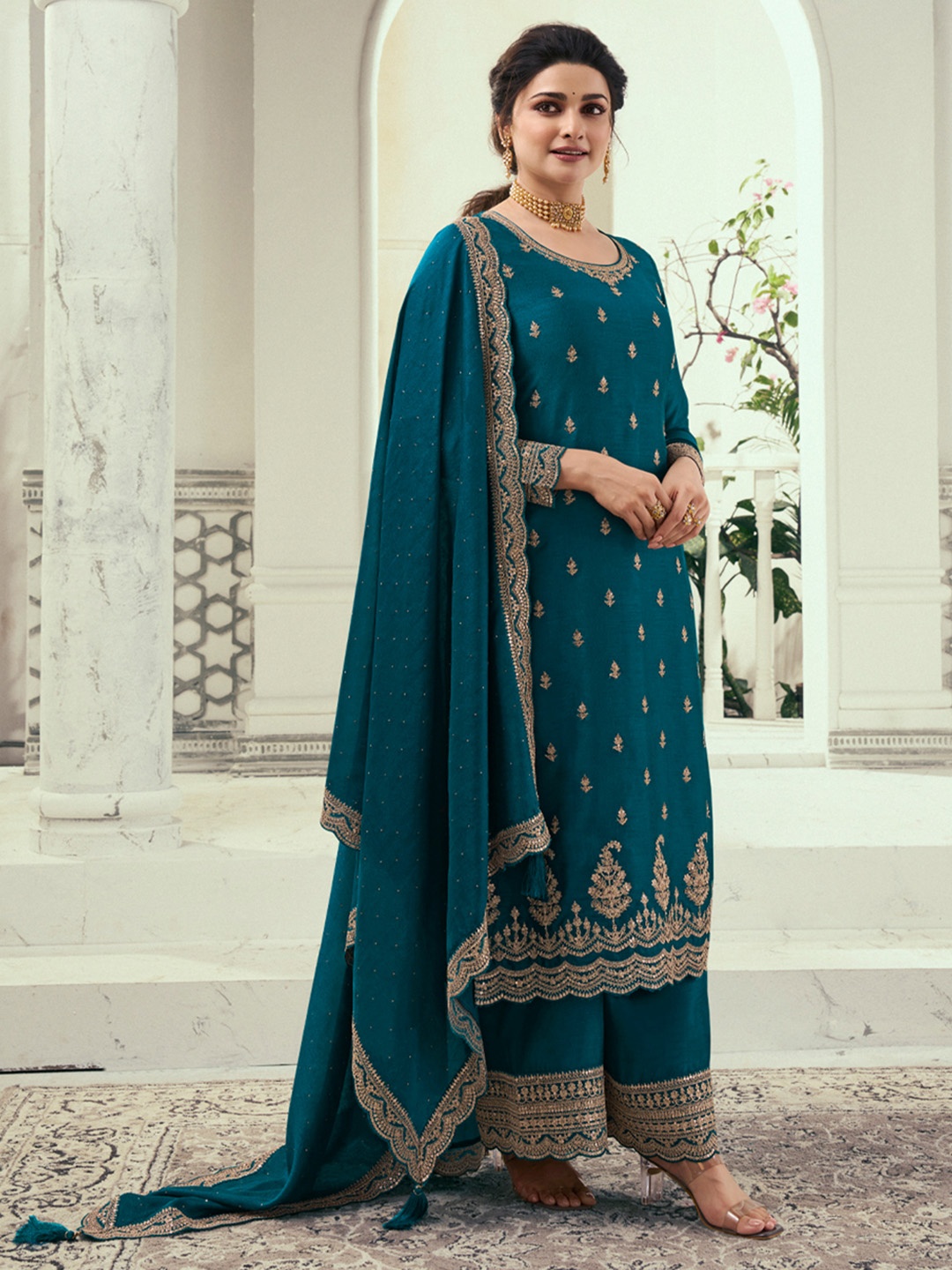 

Seerat Ethnic Motifs Embroidered Regular Silk Georgette Kurti with Palazzos & With Dupatta, Blue