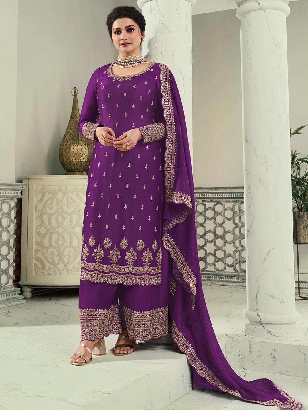 

Seerat Ethnic Motifs Embroidered Regular Silk Georgette Kurti with Palazzos & With Dupatta, Purple