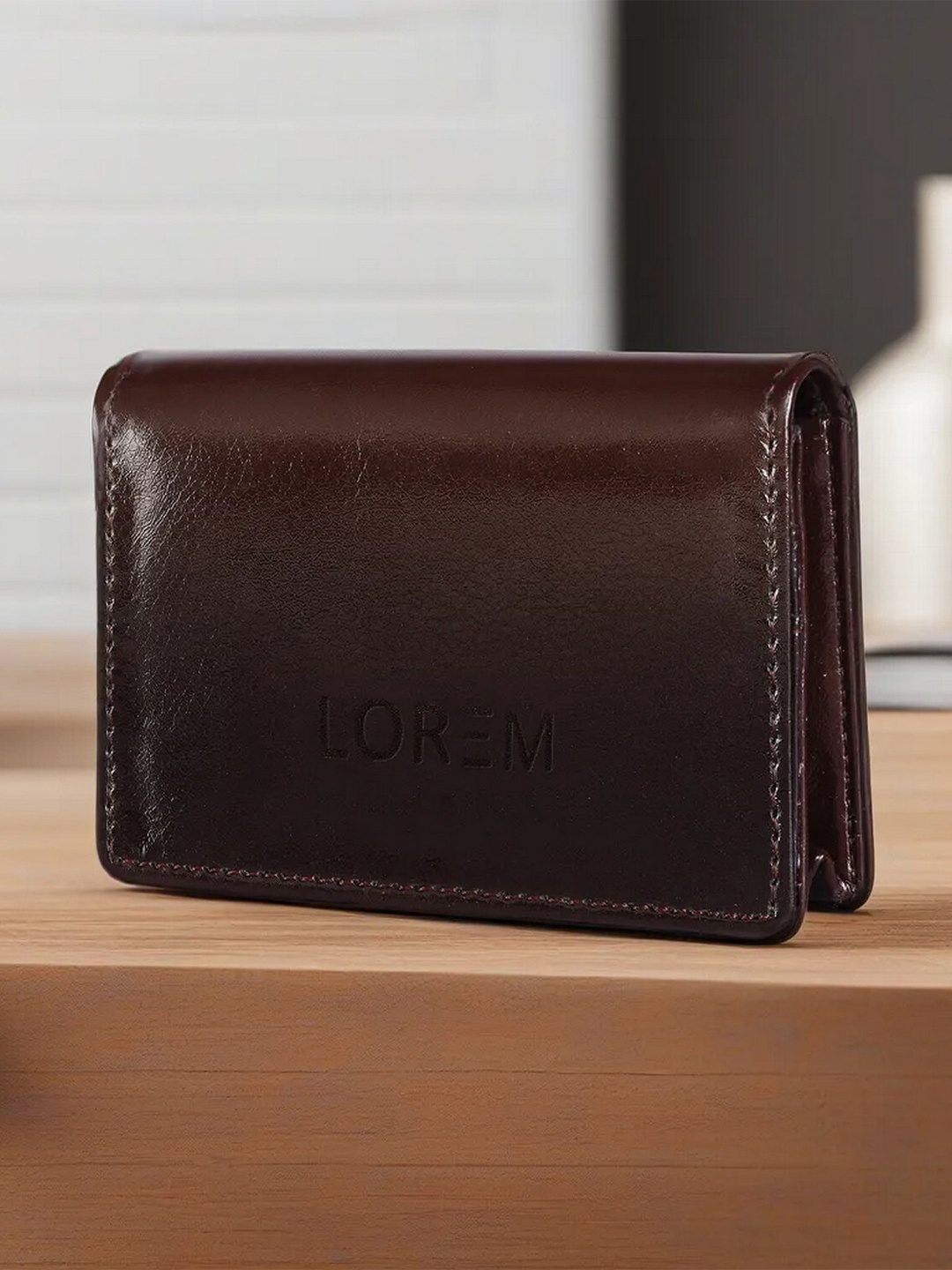 

LOREM Unisex Typography Textured Cut Work Card Holder, Brown