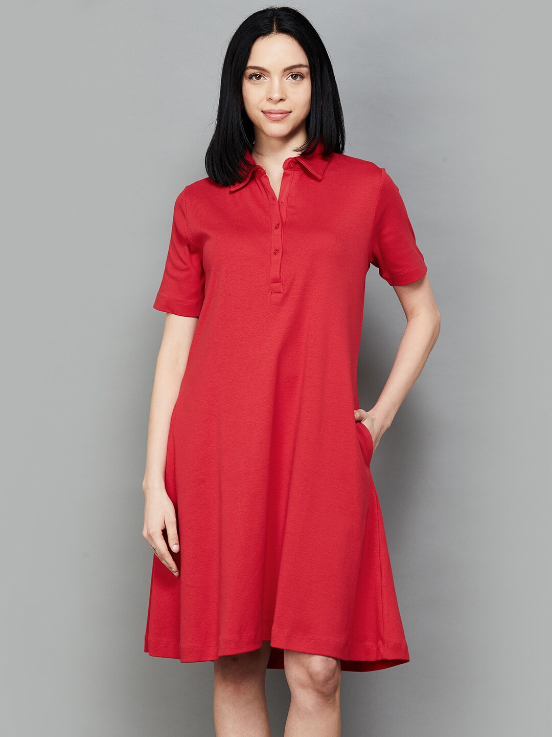 

Colour Me by Melange Women Shirt Collar T-shirt Dress, Red