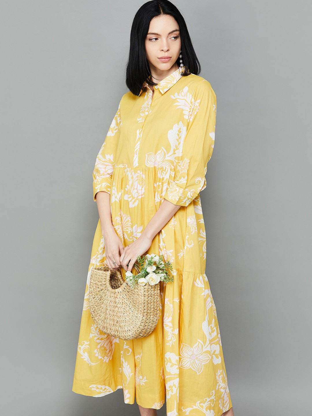 

Colour Me by Melange Floral Print Shirt Collar Shirt Midi Dress, Mustard