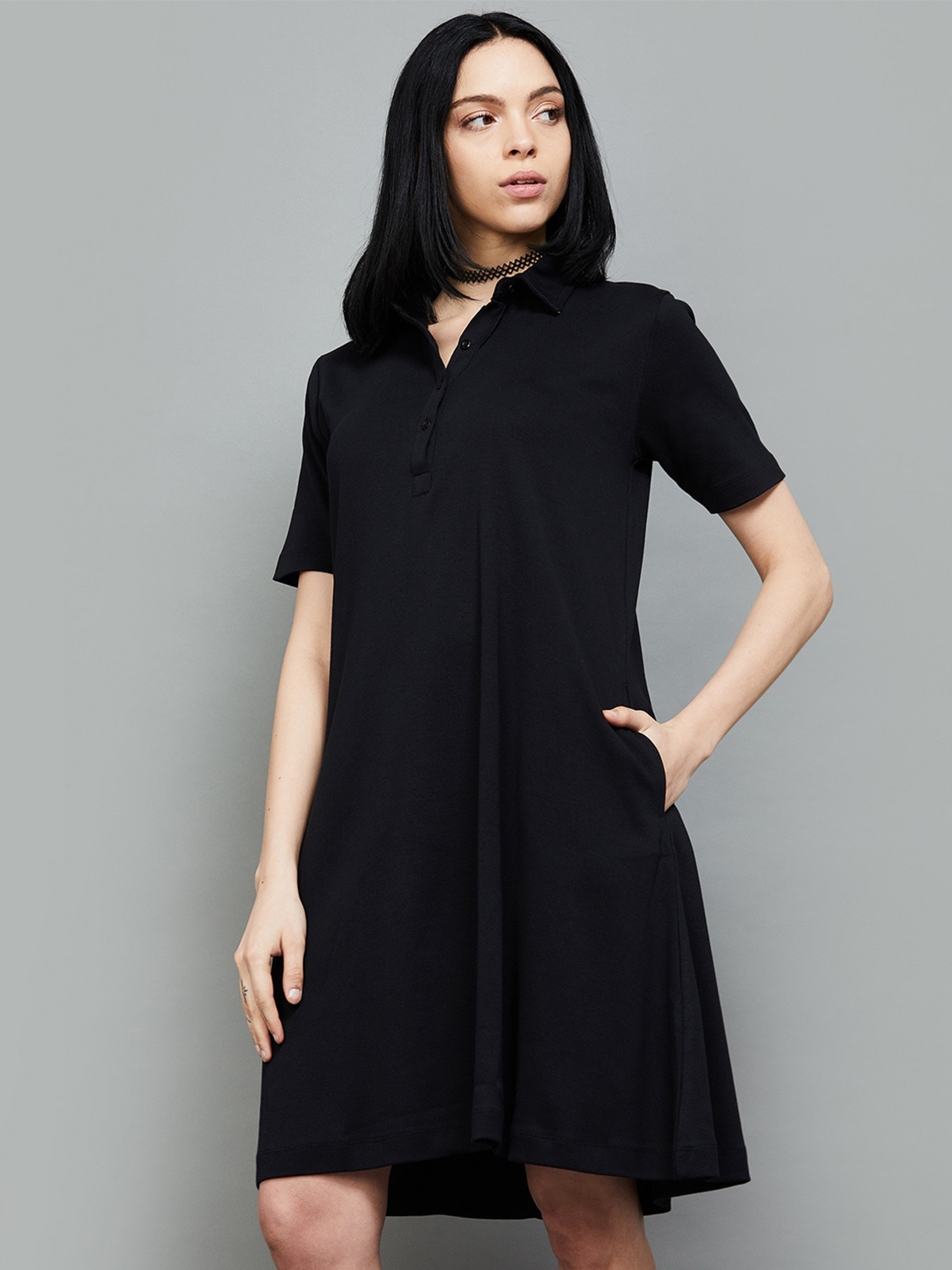

Colour Me by Melange Women Shirt Collar Shirt Dress, Black