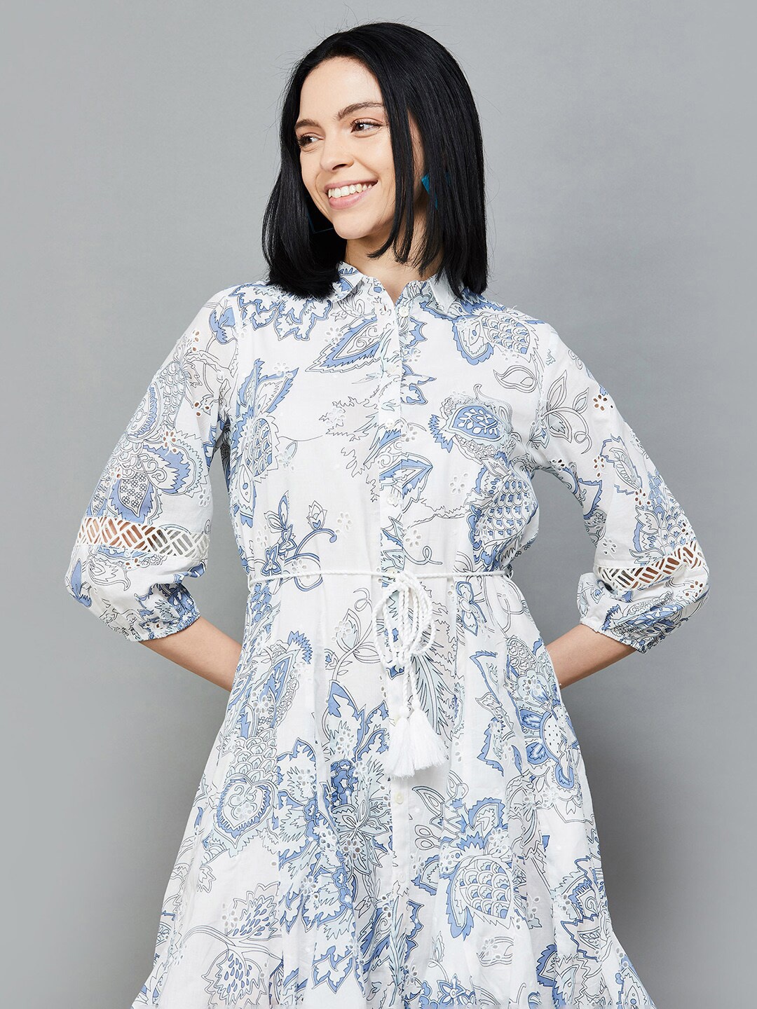 

Colour Me by Melange Floral Print Shirt Midi Dress, White