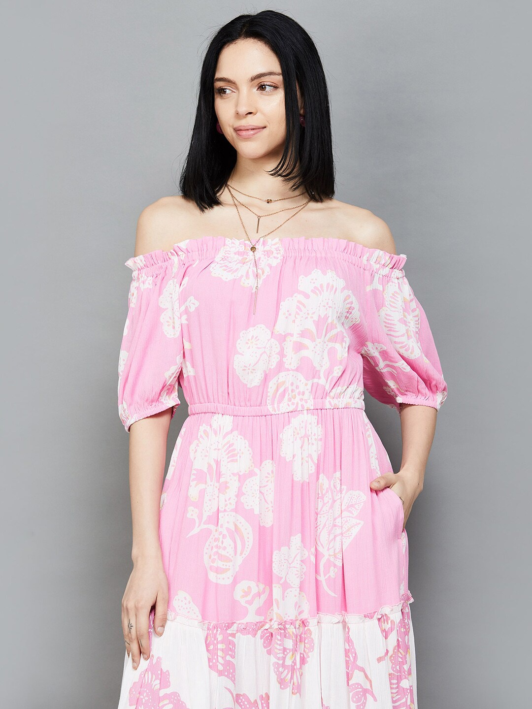 

Colour Me by Melange Floral Print Off-Shoulder Puff Sleeve Fit & Flare Midi Dress, Pink