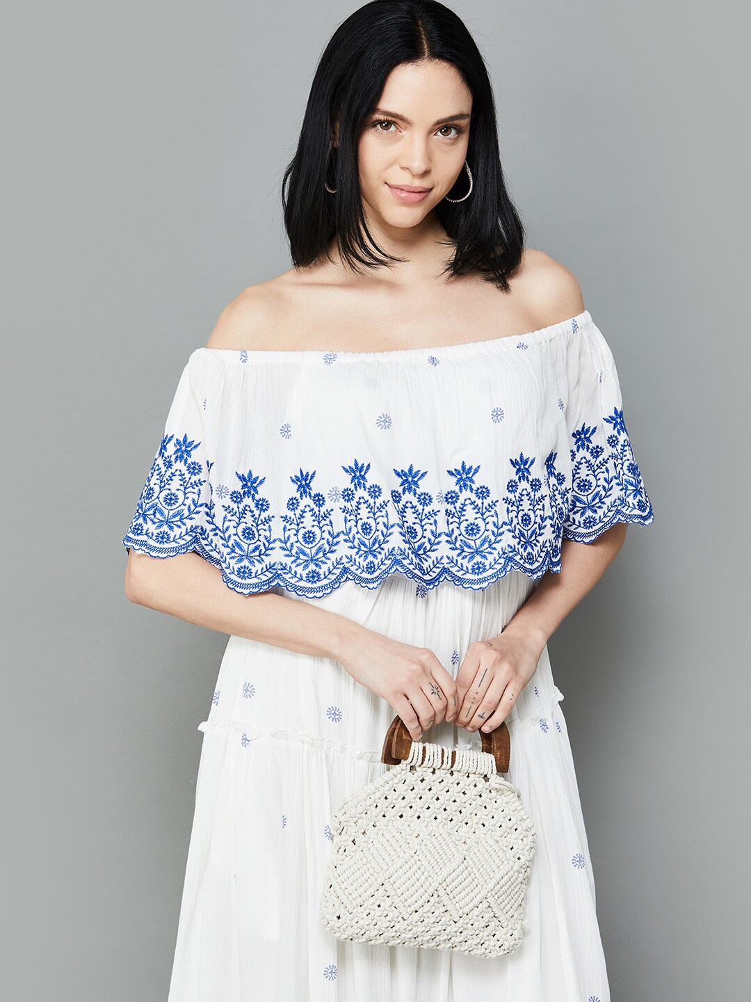 

Colour Me by Melange Off-Shoulder Flared Sleeve A-Line Dress, White