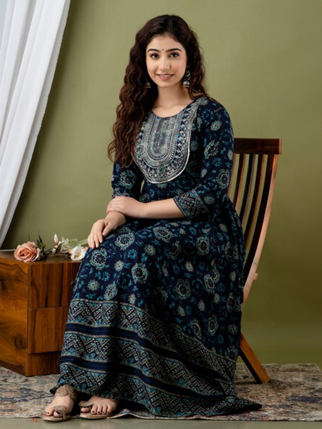 

JAYLEEN Ethnic Motifs Printed A-Line Midi Ethnic Dress, Blue