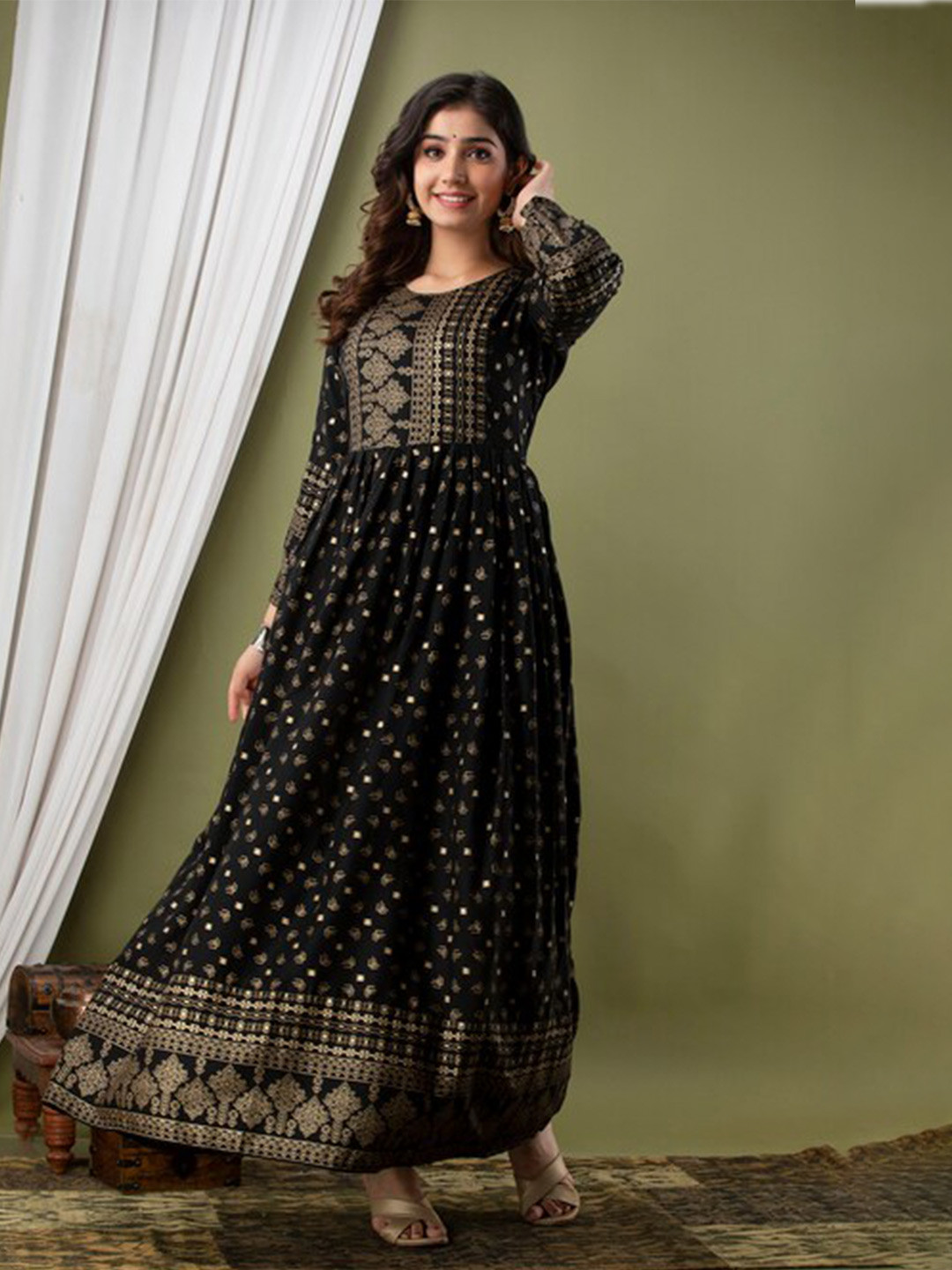 

JAYLEEN Ethnic Motifs Printed Anarkali Maxi Ethnic Dress, Black