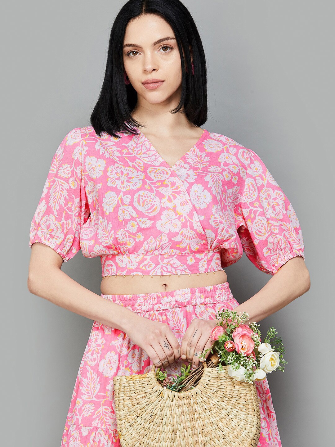 

Colour Me by Melange Floral Print Puff Sleeve Cotton Wrap Crop Top, Pink