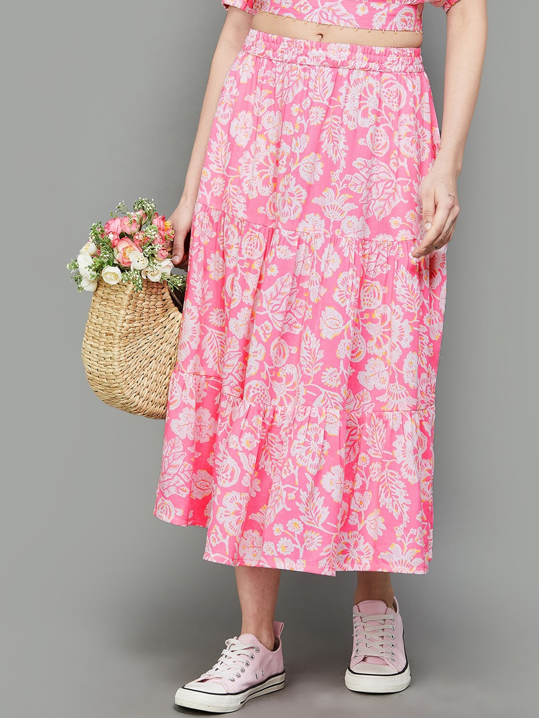 

Colour Me by Melange Women Floral Printed Flared Midi Skirt, Pink