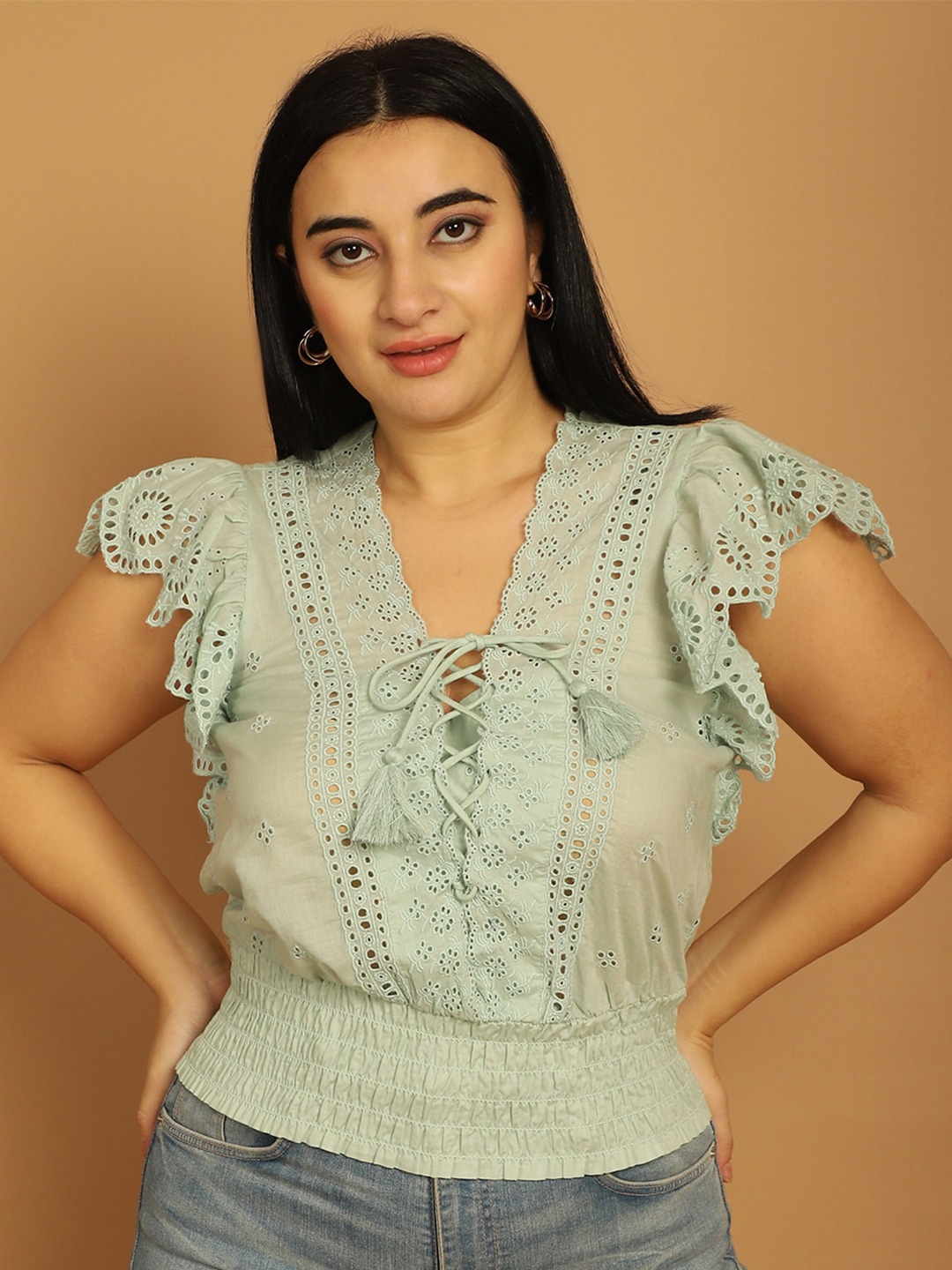 

NoBarr Tie-Up Neck Flutter Sleeve Cotton Blouson Top, Green