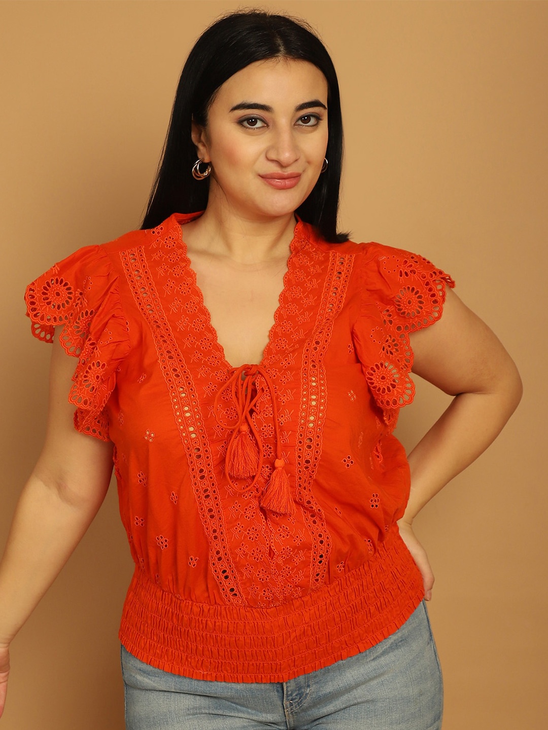

NoBarr Tie-Up Neck Flutter Sleeve Cotton Top, Red
