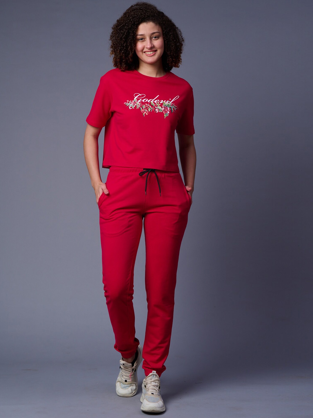 

GO DEVIL Printed Pure Cotton T-Shirt With Joggers Co-Ords, Red
