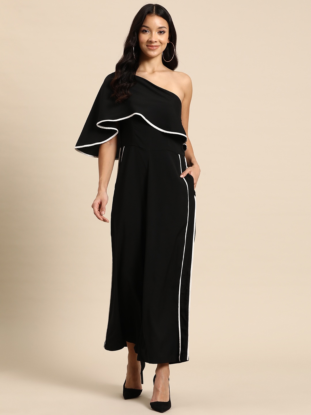 

WoowZerz Solid One Shoulder Layered Basic Jumpsuit, Black