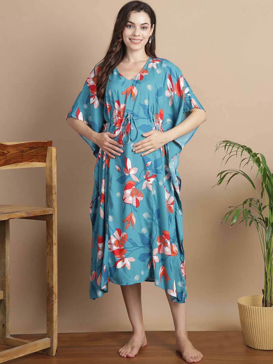 

Secret Wish Floral Printed V-Neck Midi Maternity Kaftan Nightdress, Blue