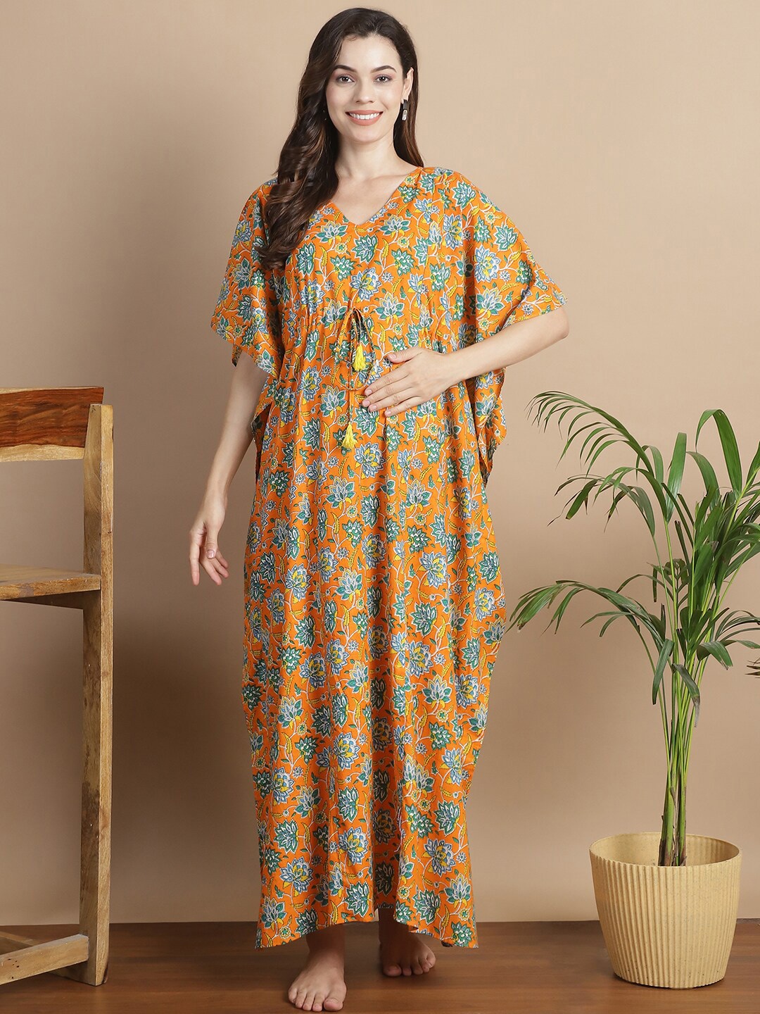 

Secret Wish Floral Printed V-Neck Pure Cotton Maxi Maternity Kaftan Nightdress, Orange