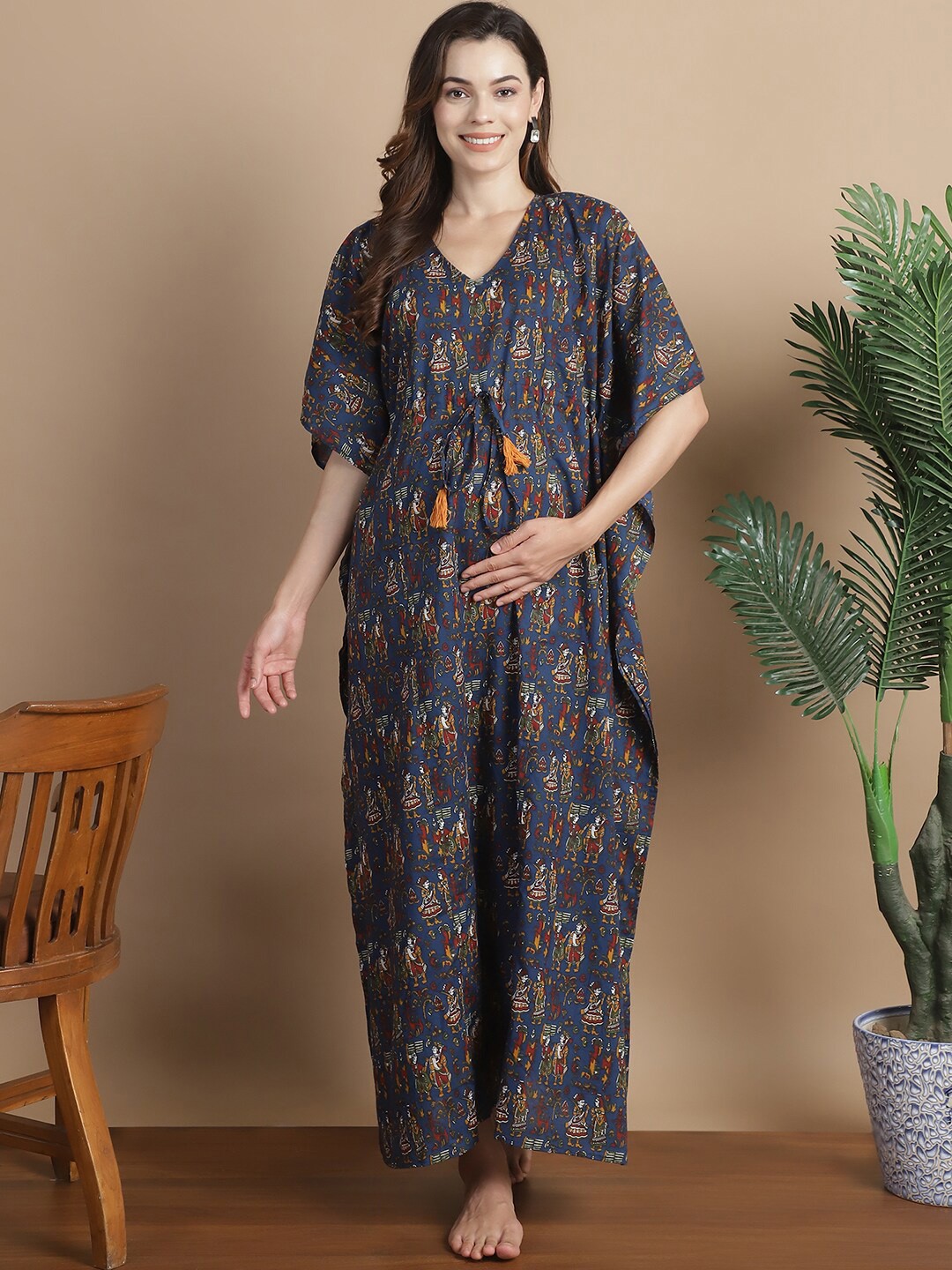 

Secret Wish Floral Printed V-Neck Pure Cotton Maxi Maternity Kaftan Nightdress, Navy blue