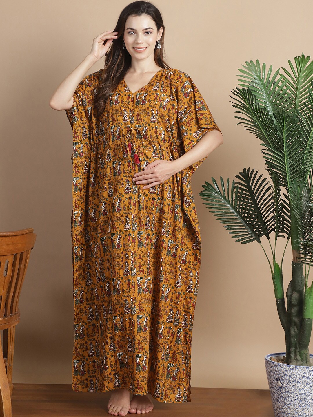 

Secret Wish Floral Printed V-Neck Pure Cotton Maxi Maternity Kaftan Nightdress, Mustard