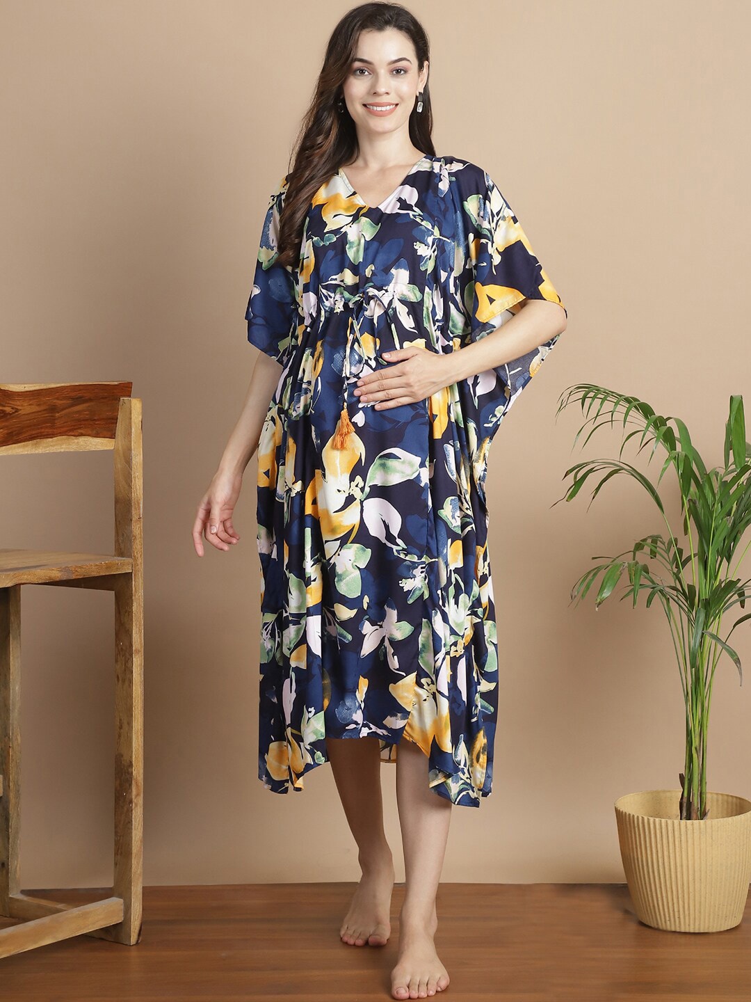 

Secret Wish Floral Printed V-Neck Midi Maternity Kaftan Nightdress, Navy blue
