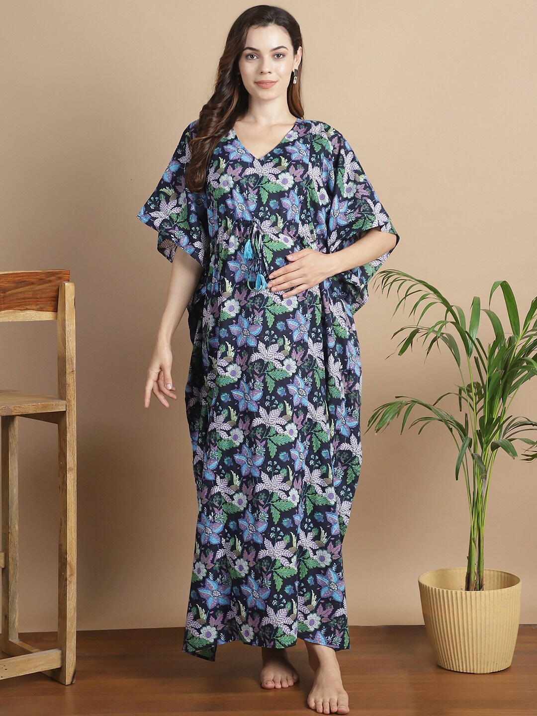 

Secret Wish Floral Printed V-Neck Pure Cotton Maxi Maternity Kaftan Nightdress, Navy blue