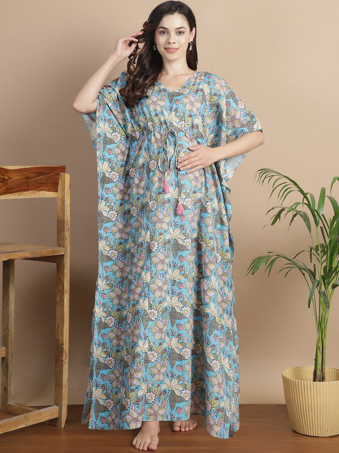 

Secret Wish Floral Printed V-Neck Pure Cotton Maxi Maternity Kaftan Nightdress, Blue