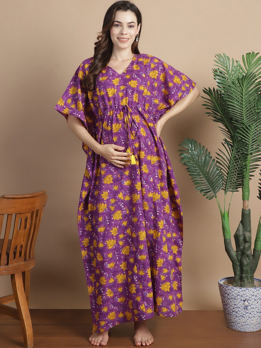 

Secret Wish Floral Printed V-Neck Pure Cotton Maxi Maternity Kaftan Nightdress, Purple