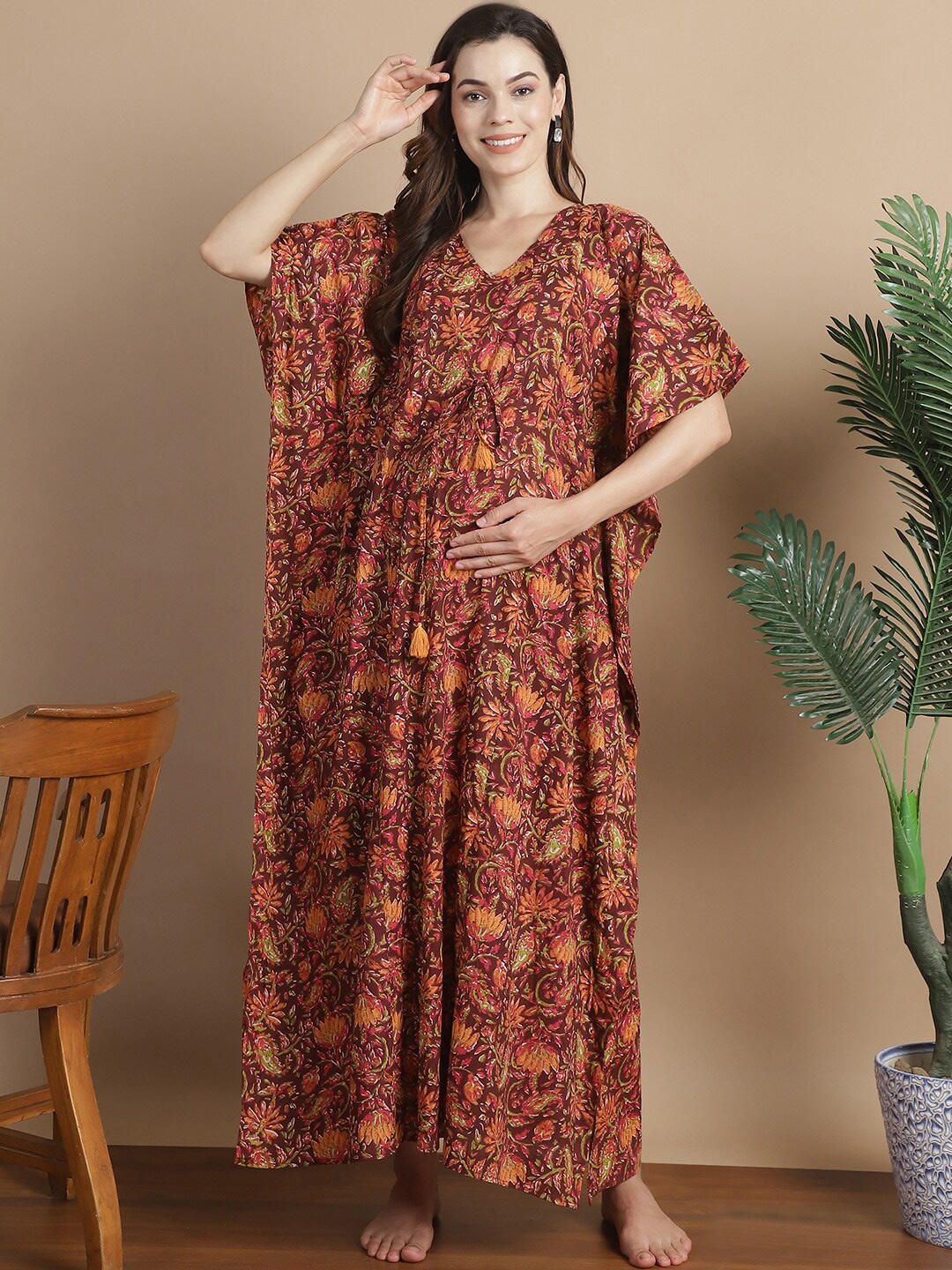 

Secret Wish Floral Printed V-Neck Pure Cotton Maxi Maternity Kaftan Nightdress, Brown